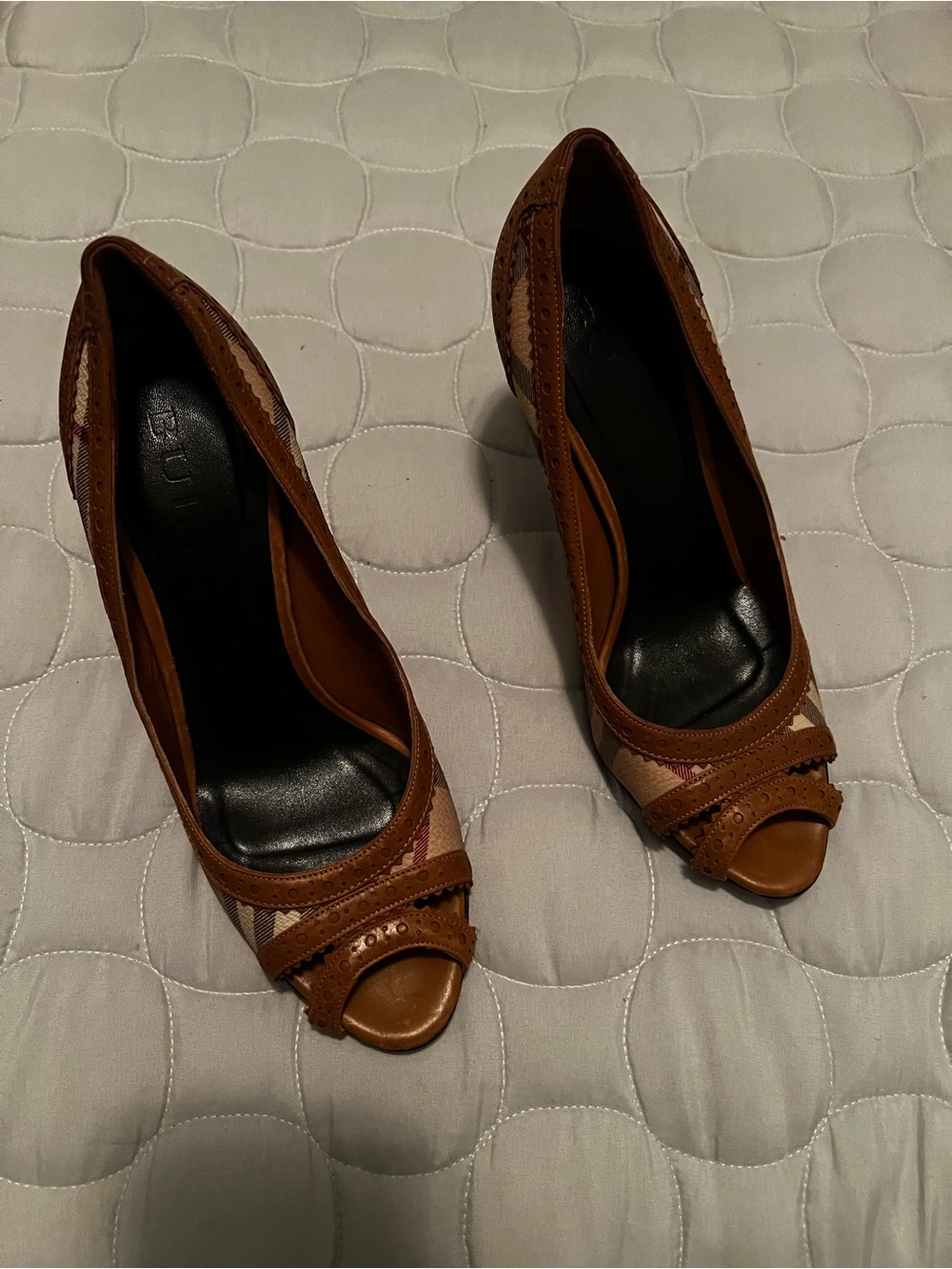 Burberry Brown Peep-Toe Leather and Check Heels